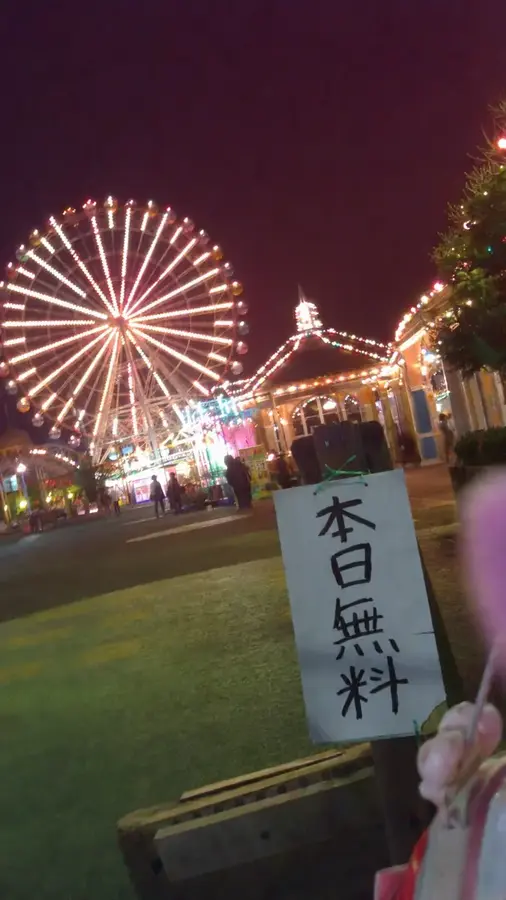 「本日無料」の看板と明るく点灯した夜の遊園地を撮影した写真