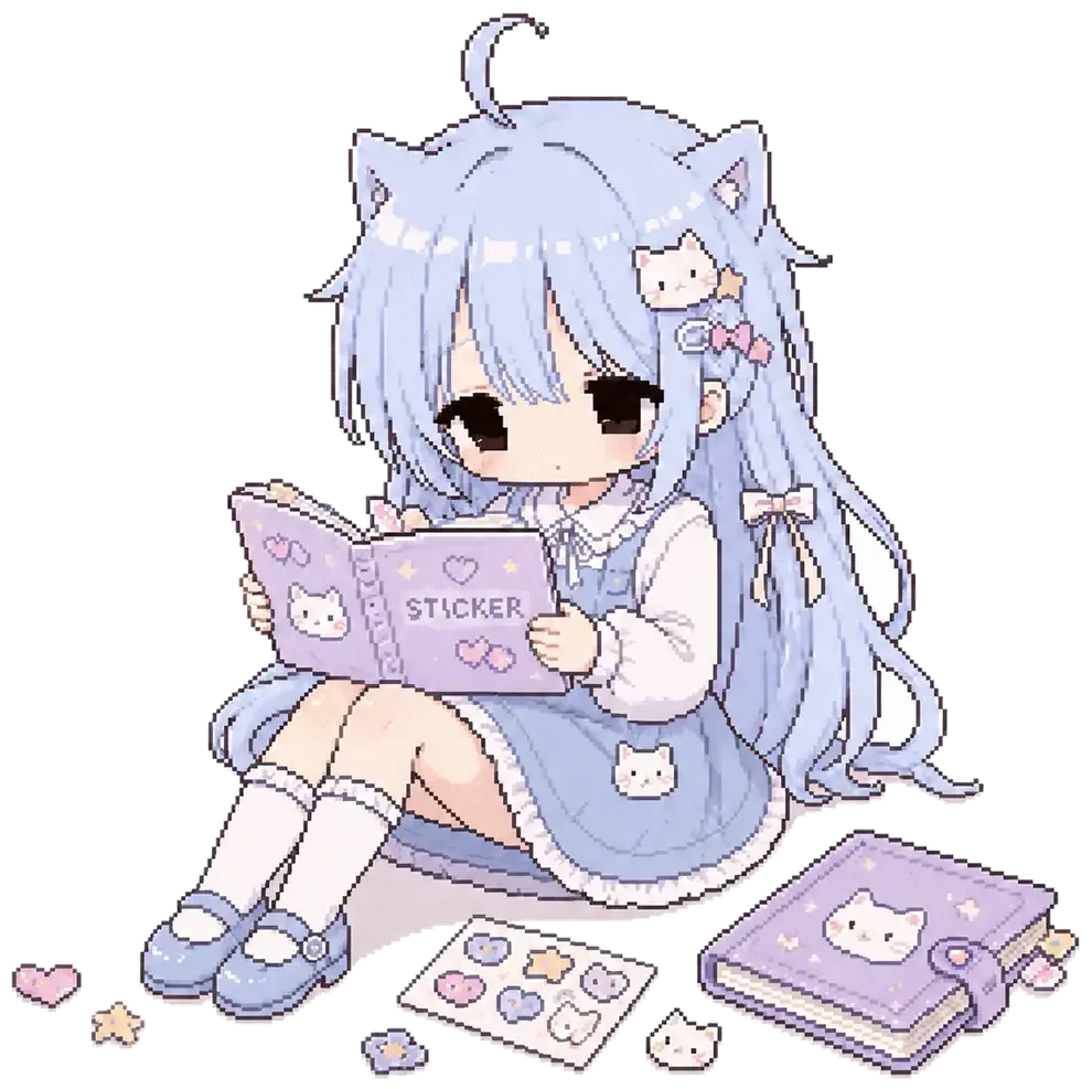 シール帳を眺める猫耳の少女